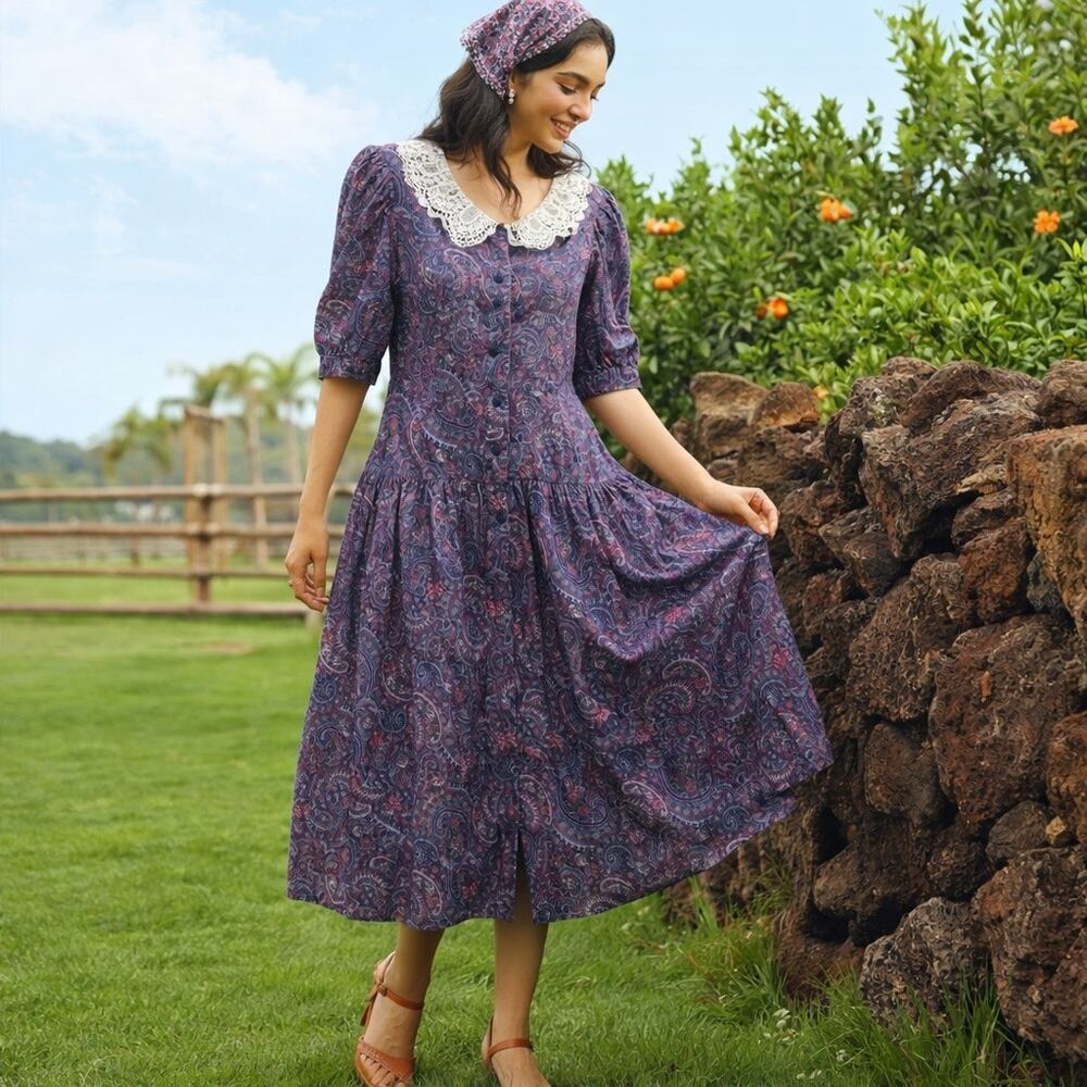 Vintage Gunne Sax Purple Paisley Puff Sleeve Crochet Cottage Maxi Dress Size 13